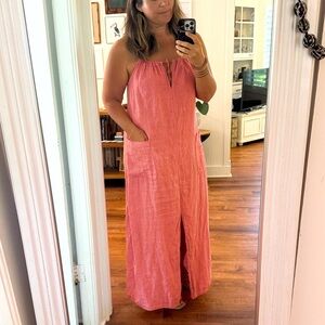 Long 100% Italian Linen Dress with Pockets pink/salmon Adjustable
